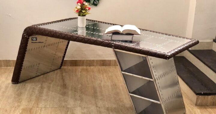 NauticalMart Aviator Wing Desk with Storage – Industrial Aluminum & Leather Office Desk (60 Inches)